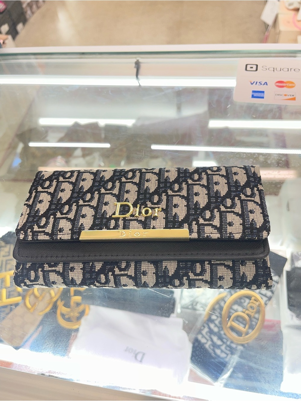 Dior Navy and Beige Logo Continental Wallet with Gold Hardware